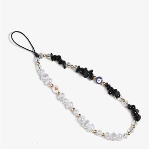 Phone Charm Strap Black and White Beaded